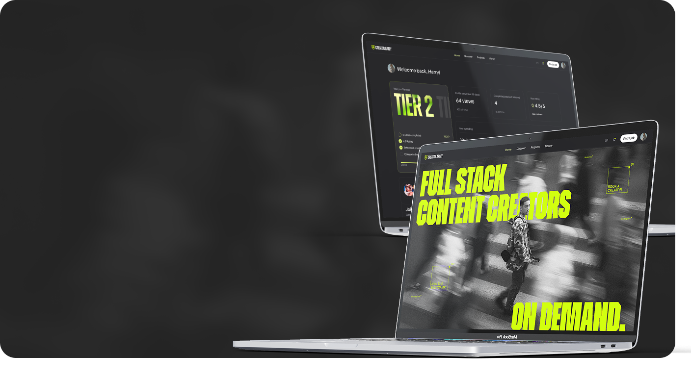 Creator Army Platform - Two MacBooks displaying the dashboard and landing page